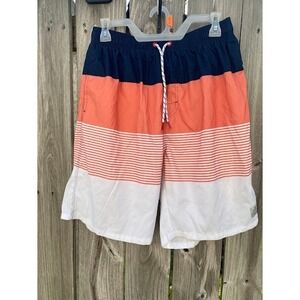 Manfinity Mens Large Colorblock Striped Swim Trunks Navy Coral White Board Short
